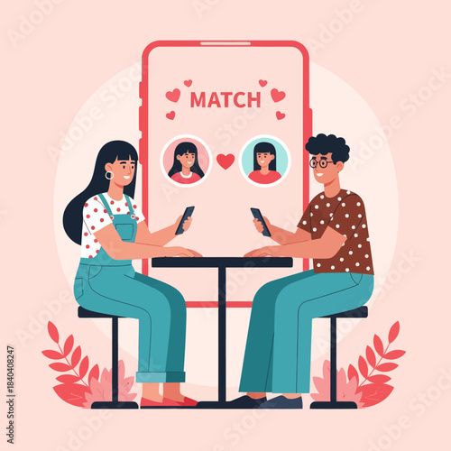 Cute illustration of a couple on a date after matching on a dating app. Romantic, modern, and perfect for themes of online dating, relationships, love, and digital communication.