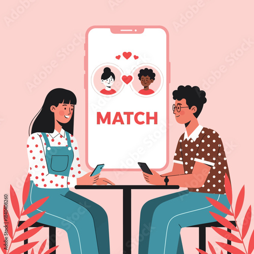 Cute illustration of a couple on a date after matching on a dating app. Romantic, modern, and perfect for themes of online dating, relationships, love, and digital communication.