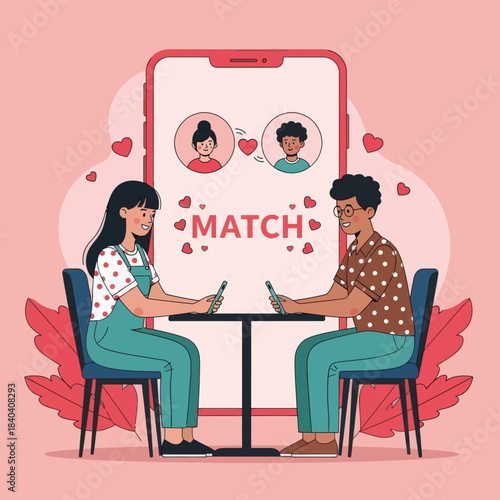 Cute illustration of a couple on a date after matching on a dating app. Romantic, modern, and perfect for themes of online dating, relationships, love, and digital communication.