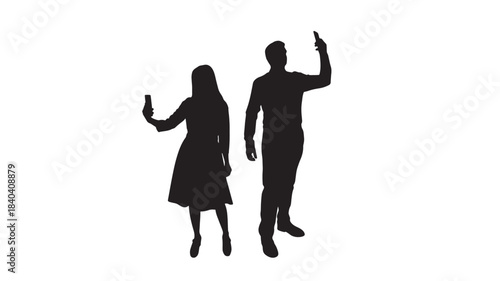 a black silhouette of a couple taking a selfie with a mobile phone a woman and a man on transparent background silhouette high quality professional detailed