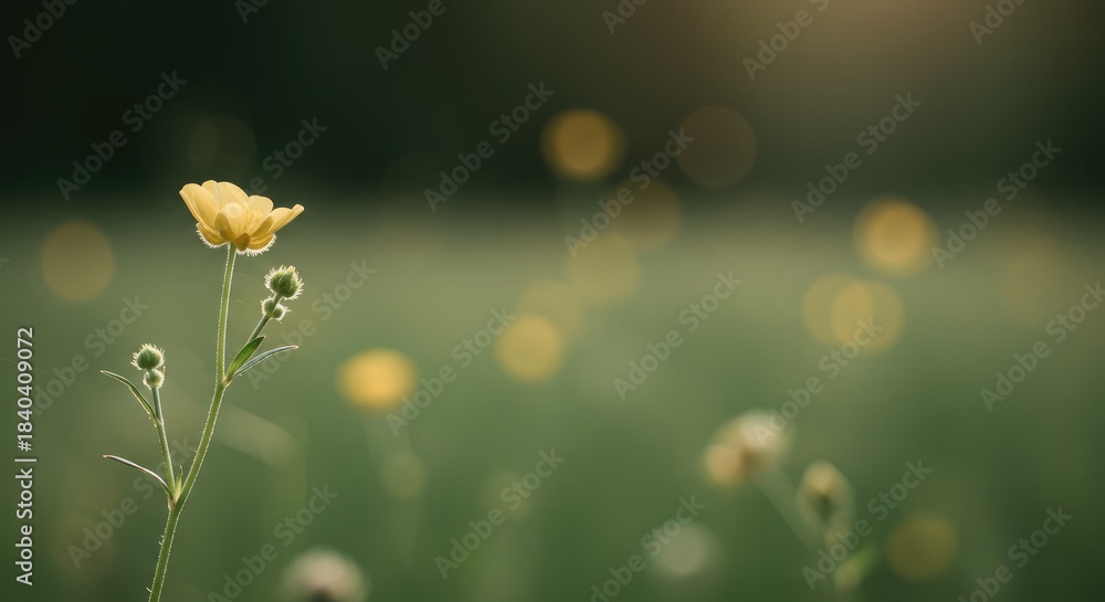 Fototapeta premium Delicate Yellow Buttercup Flower in Soft Focus, Bokeh Background, Natural Light.