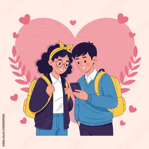 Cute illustration of two students smiling while looking at a phone together, surrounded by hearts and soft pink elements. Perfect for love, school life, friendship, and Valentine themes.