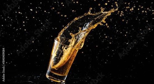 Golden liquid splashing from a shot glass against a black background