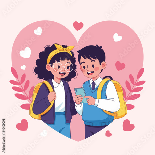 Cute illustration of two students smiling while looking at a phone together, surrounded by hearts and soft pink elements. Perfect for love, school life, friendship, and Valentine themes.