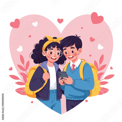 Cute illustration of two students smiling while looking at a phone together, surrounded by hearts and soft pink elements. Perfect for love, school life, friendship, and Valentine themes.