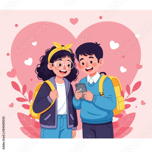 Cute illustration of two students smiling while looking at a phone together, surrounded by hearts and soft pink elements. Perfect for love, school life, friendship, and Valentine themes.