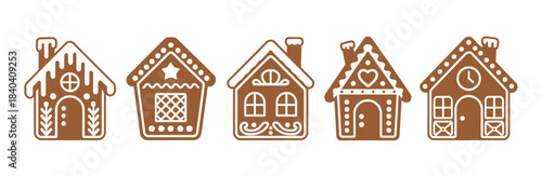 Cute cartoon gingerbread houses featuring icing-glazed roofs forming a magical gingerbread town, white background, Christmas fantasy city made of cookies and New Year sweets vector design