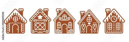 Cute cartoon gingerbread houses featuring icing-glazed roofs forming a magical gingerbread town, white background, Christmas fantasy city made of cookies and New Year sweets vector design