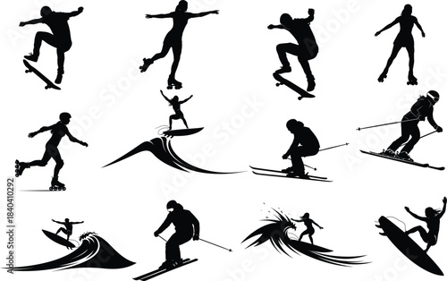 Collection of black silhouette illustrations depicting various extreme sports activities