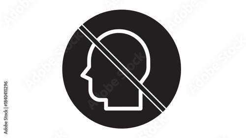A striking black circular sign featuring a white human head profile with a diagonal red line indicating prohibition on transparent background silhouette high quality professional detailed