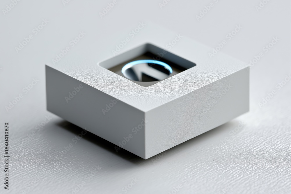 Fototapeta premium Compact square medical sensing unit with illuminated LED ring and flush central aperture. Minimalist matte white diagnostic device with precise offset geometry and clean clinical design
