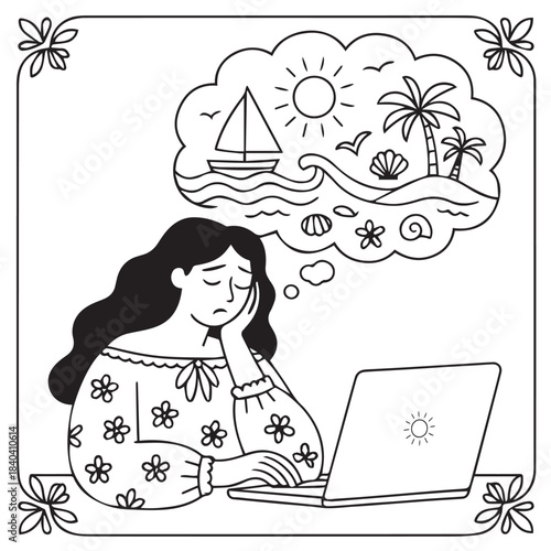 Dreaming of the Sea. A tired girl dreams of the beach while working.