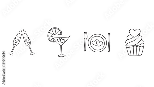 a charming set of hand drawn line art icons depicting celebration elements like champagne citrus dinnerware and a sweet treat on transparent background silhouette high quality