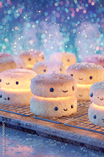 A stack of glowing, kawaii pancakes with cheerful faces sit on a wire rack, emitting steam against a magical blue and gold bokeh background