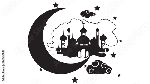 an enchanting depiction of a crescent moon with a mosque silhouette nestled amongst clouds and stars on transparent background high quality professional detailed modern elegant stylish