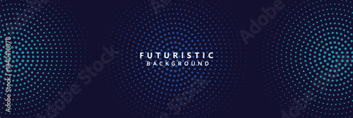 Abstract Blue, Green Gradient Circles Flowing Dot Waving Particle Geometric Technology Background. Digital Futuristic Dark Navy Blue Dotted Wave. Concept For Science, Music Cover, Website, Header