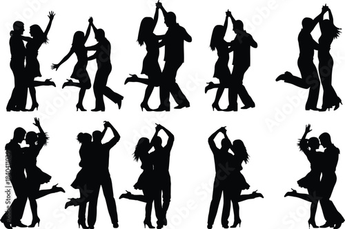 Silhouettes of couples dancing various ballroom and latin dance styles