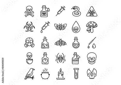 Vector Toxin & Hazard Icons: 25 Unique Warning Symbols, Minimalist Danger Graphics: Black and White Poison Line Art, Chemical & Biohazard Safety Symbols: 25 High-Contrast Icons