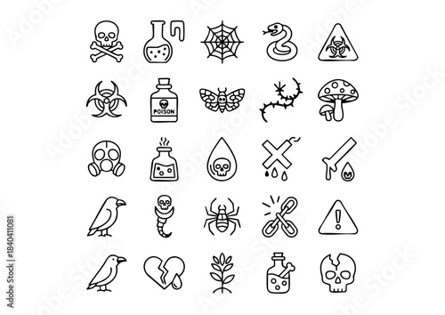 Vector Toxin & Hazard Icons: 25 Unique Warning Symbols, Minimalist Danger Graphics: Black and White Poison Line Art, Chemical & Biohazard Safety Symbols: 25 High-Contrast Icons