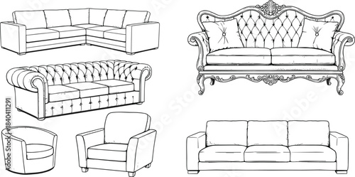Hand Drawn Vector Sketch Set of Various Sofa and Armchair Types Including Corner, Chesterfield, Classic, and Modern Living Room Furniture Isolated on White Background.