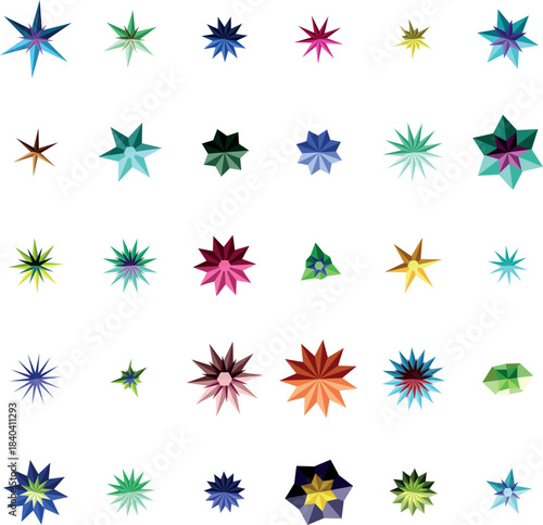Vibrant Colorful Multifaceted Star Shapes Arranged Neatly Against White Background