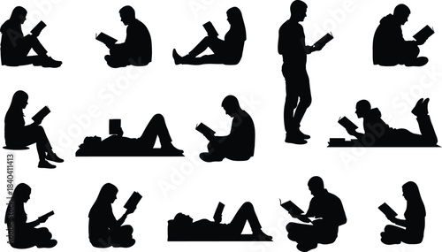 Silhouettes of people reading in various relaxed and contemplative poses