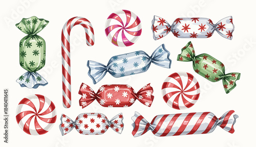 Watercolor Christmas Candy Cane and Peppermint Sweets Illustration Set