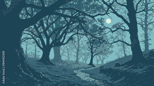 Deep, Mysterious Forest Landscape at Night with Full Moon and Tree Silhouettes. Spooky and Atmospheric Vector Illustration.