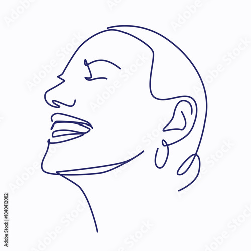 Profile of a woman smiling widely one line drawing. Profile of a woman smiling widely single line illustration. Profile of a woman smiling widely minimalist line art.