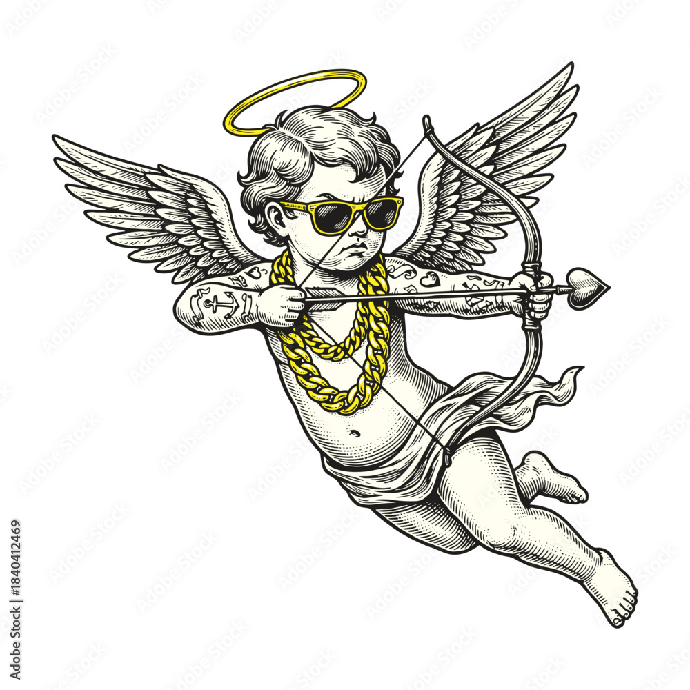 Naklejka premium Vintage Cupid with Sunglasses and Gold Chains