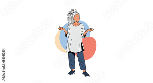 Faceless character with white dreadlocks shrugging with open palms, expressing uncertainty or indifference in a minimalist style.