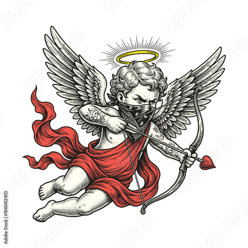 Vintage Cupid with Bandana and Tattoos Vector Art