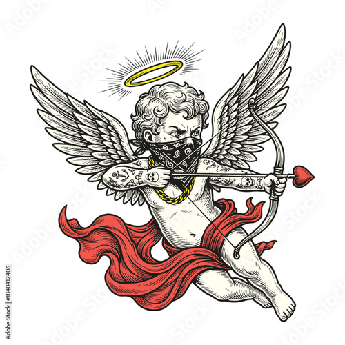 Vintage Cupid with Bandana and Tattoos Vector Art