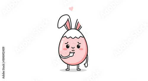 Adorable kawaii Easter egg character with pink bunny ears looking shy and thoughtful, isolated on a white background.