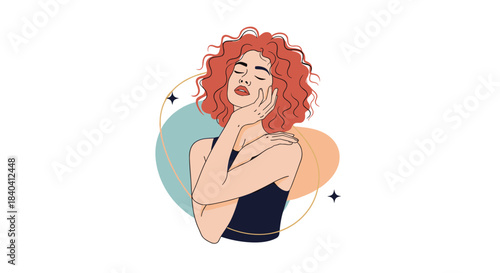 Beautiful woman with curly red hair and a serene expression gently touching her face, embodying self-love and tranquility.