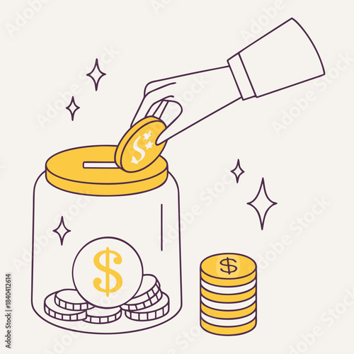 A hand in a shirt cuff is dropping a gold-colored coin with a dollar sign into a clear glass jar, which appears to be a savings or tip jar.