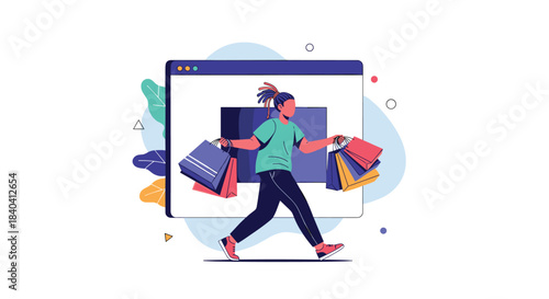 Happy shopper with dreadlocks carrying multiple shopping bags, stepping out of a browser window in an e-commerce concept.