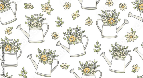 Seamless doodle pattern with hand-drawn watering cans filled with delicate flowers and leaves on a clean white background.