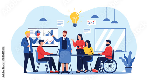 Diverse and inclusive business team collaborating in a modern office, brainstorming ideas and analyzing data charts during a meeting.