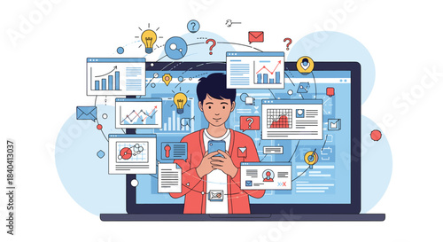 Young man multitasking on his smartphone and laptop, surrounded by floating windows with data, charts, and social media icons.