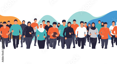 Large diverse crowd of people, including women in hijabs, running together in a marathon or community fitness event.