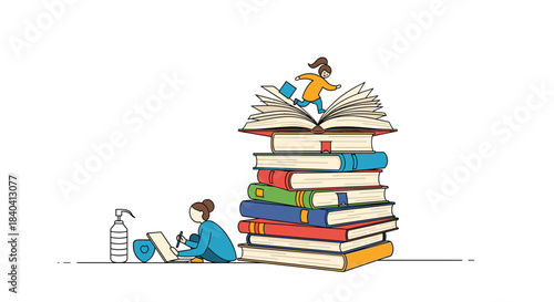 Person studying online with hand sanitizer while a child plays on a giant stack of books, representing education and learning.