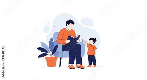 Loving father sitting in an armchair and reading a storybook to his curious young child in a heartwarming family scene.
