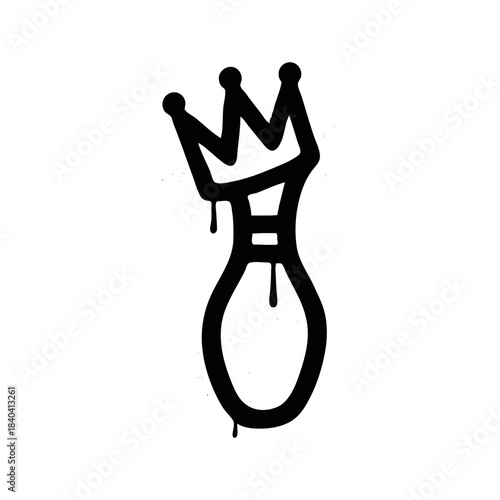 Bowling pin with crown with black spray paint graffiti