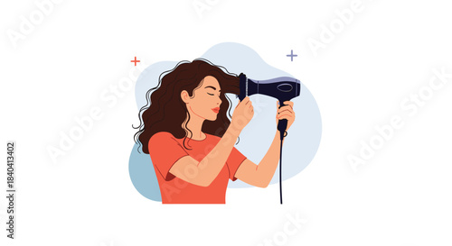 Young woman with beautiful wavy hair using a hairdryer, illustrating a daily beauty routine and personal hair care concept.