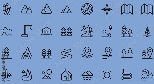 hiking adventure mountain icons in line art style, featuring peaks, trails, backpacks, tents, and outdoor elements, ideal for travel, tourism, and adventure vector design projects.