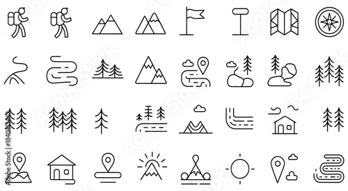 hiking adventure mountain icons set, line art illustrations of mountains, hiking trails, gear, and nature elements, perfect for outdoor activity, trekking, and travel-related vector graphics.