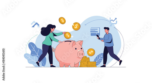Couple saving money together by putting coins into a large piggy bank, illustrating joint financial planning for the future.