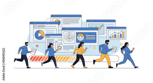Team of business people running on a progress bar, symbolizing fast-paced project development and meeting deadlines together.