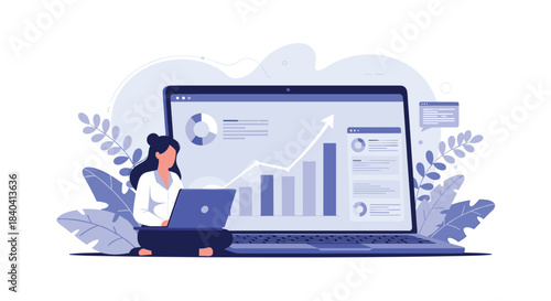 Businesswoman working on her laptop and analyzing a business growth chart displayed on a larger screen behind her.